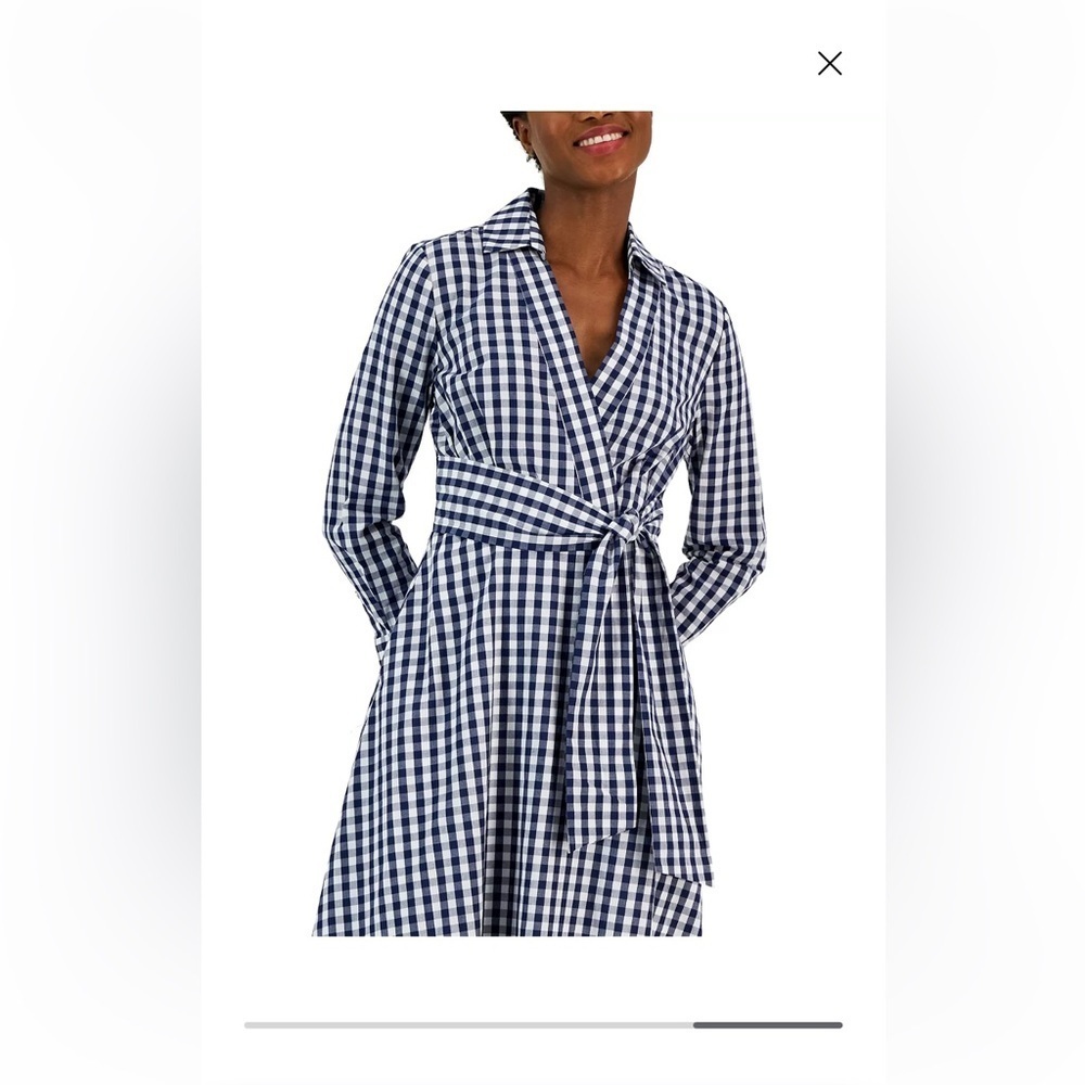 NWT Tahari Navy & White Gingham Long Sleeve Shirt Dress - Picture 10 of 15